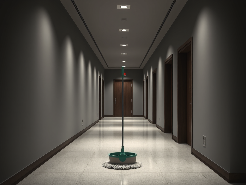 A pristine hallway in an empty office space in Oslo, showing freshly cleaned light gray carpet tiles, spotless white walls, and glass office fronts with no smudges or fingerprints, reflecting a recent professional utvask. A yellow "nyvasket" floor sign stands discreetly near the center, perfectly aligned, reinforcing the sense of recent, thorough cleaning for businesses. Overhead, neutral white LED lights cast even, shadow-free illumination, enhancing the corporate aesthetic. The mood is efficient, reliable, and structured. Captured from a low, slightly angled perspective, the hallway leads the eye toward a distant glass door, creating strong depth and linear perspective. Photographic realism with a clean, modern, corporate style ideal for B2B service presentation.