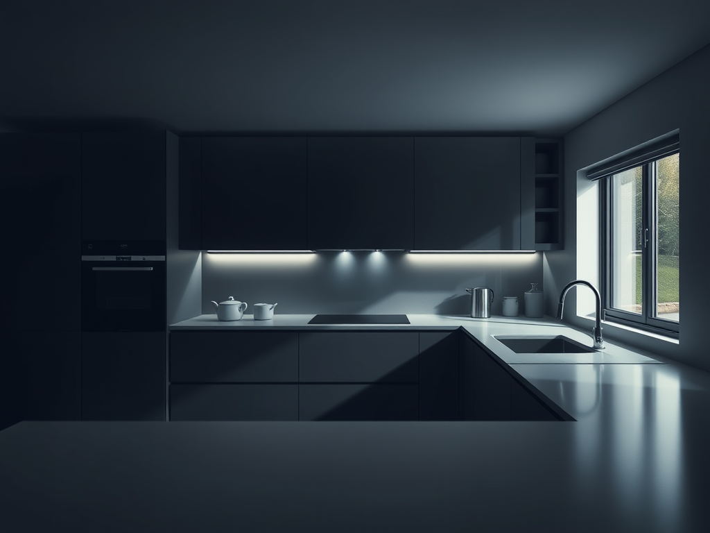 A spotless, empty kitchen in a Scandinavian-style apartment after professional flyttevask, featuring handleless matte white cabinets, a light gray quartz countertop, and an integrated stainless steel sink with perfectly polished chrome faucet. The stovetop is gleaming black glass, without a single fingerprint, and the tiled backsplash is uniformly clean. In the corner of the counter, a neatly stacked set of white cleaning cloths and a labeled spray bottle are placed with intentional order. Cool natural daylight from an unseen window illuminates the surfaces, creating crisp highlights and subtle shadows. The composition follows the rule of thirds, shot from a slightly elevated angle, emphasizing cleanliness, precision, and attention to detail. Photographic, minimalist, and highly professional atmosphere.