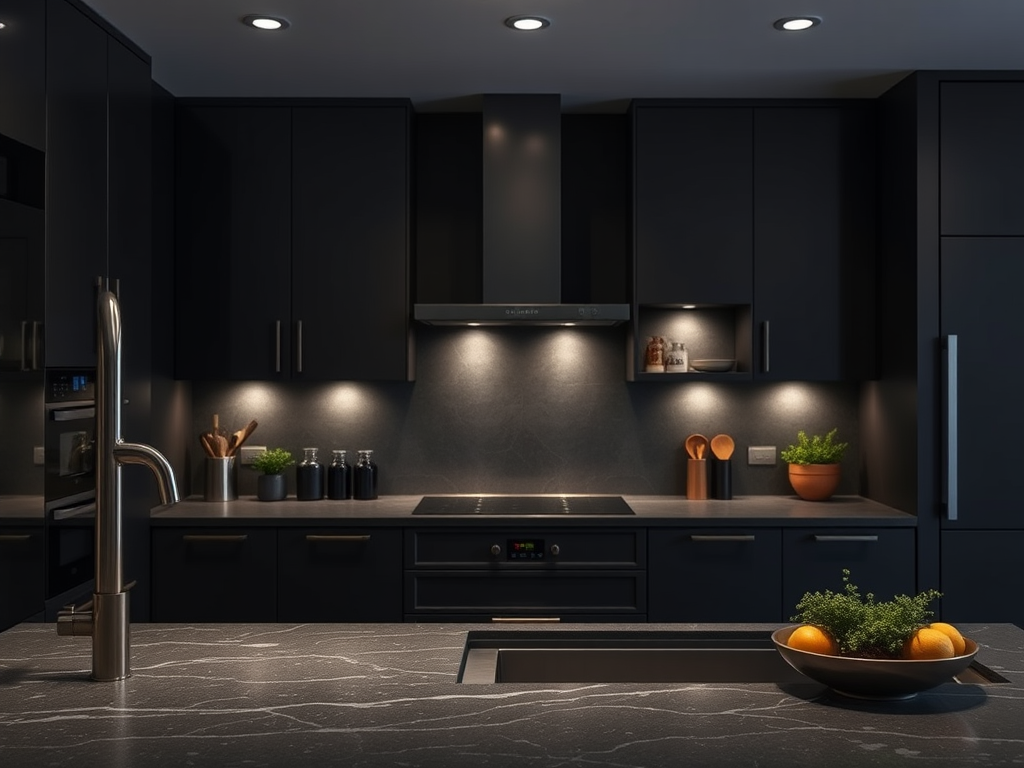 A spotless, empty kitchen in a Scandinavian-style apartment after professional flyttevask, featuring handleless matte white cabinets, a light gray quartz countertop, and an integrated stainless steel sink with perfectly polished chrome faucet. The stovetop is gleaming black glass, without a single fingerprint, and the tiled backsplash is uniformly clean. In the corner of the counter, a neatly stacked set of white cleaning cloths and a labeled spray bottle are placed with intentional order. Cool natural daylight from an unseen window illuminates the surfaces, creating crisp highlights and subtle shadows. The composition follows the rule of thirds, shot from a slightly elevated angle, emphasizing cleanliness, precision, and attention to detail. Photographic, minimalist, and highly professional atmosphere.